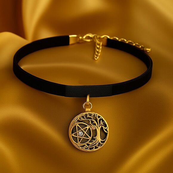 Jewelry - Black Velvet Choker with Antique Gold Tree & Pentagram Pendant – Gothic Jewelry